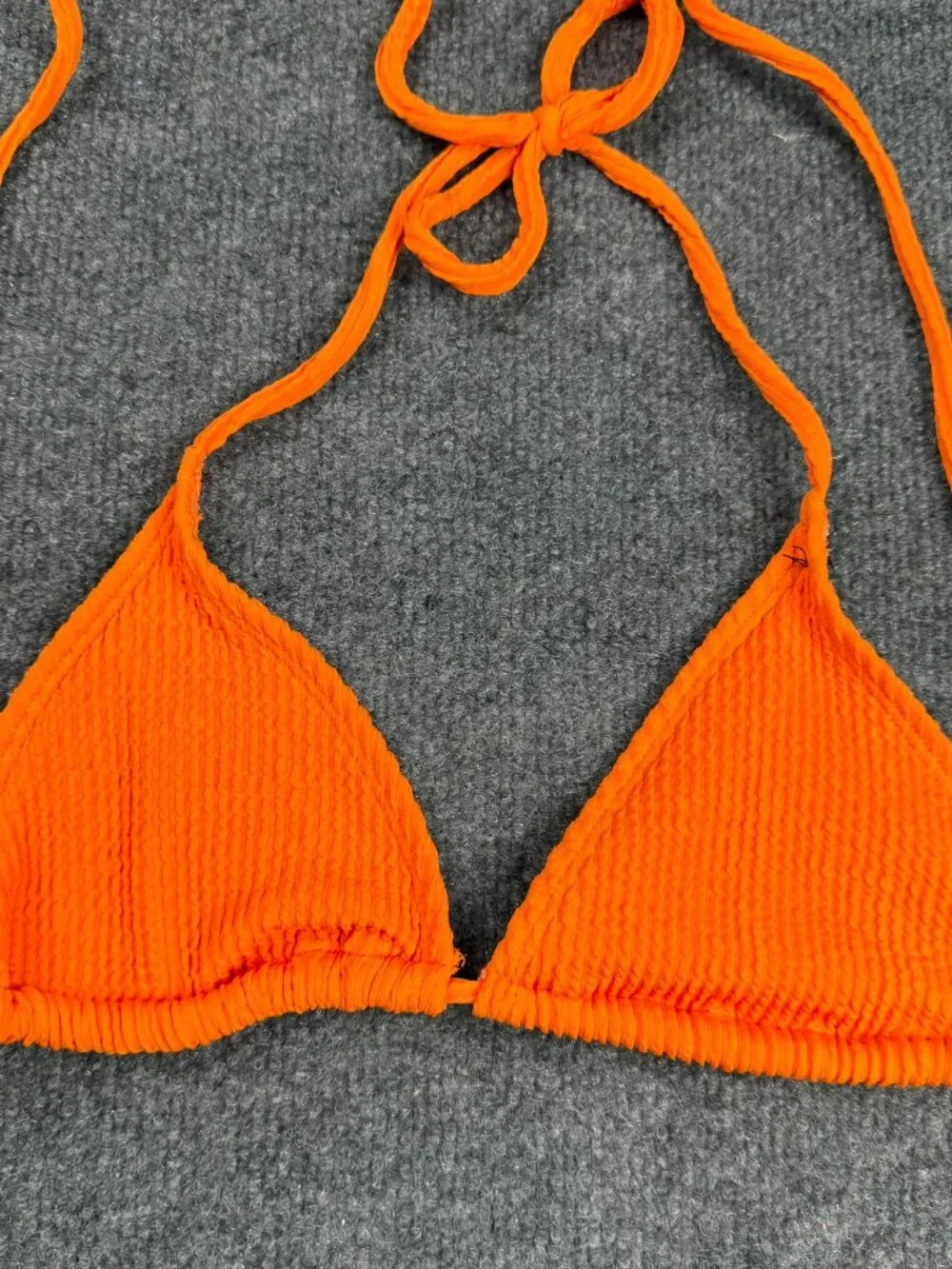 Orange Textured Triangle Bikini Top No size tag measurements M/L pads missing.